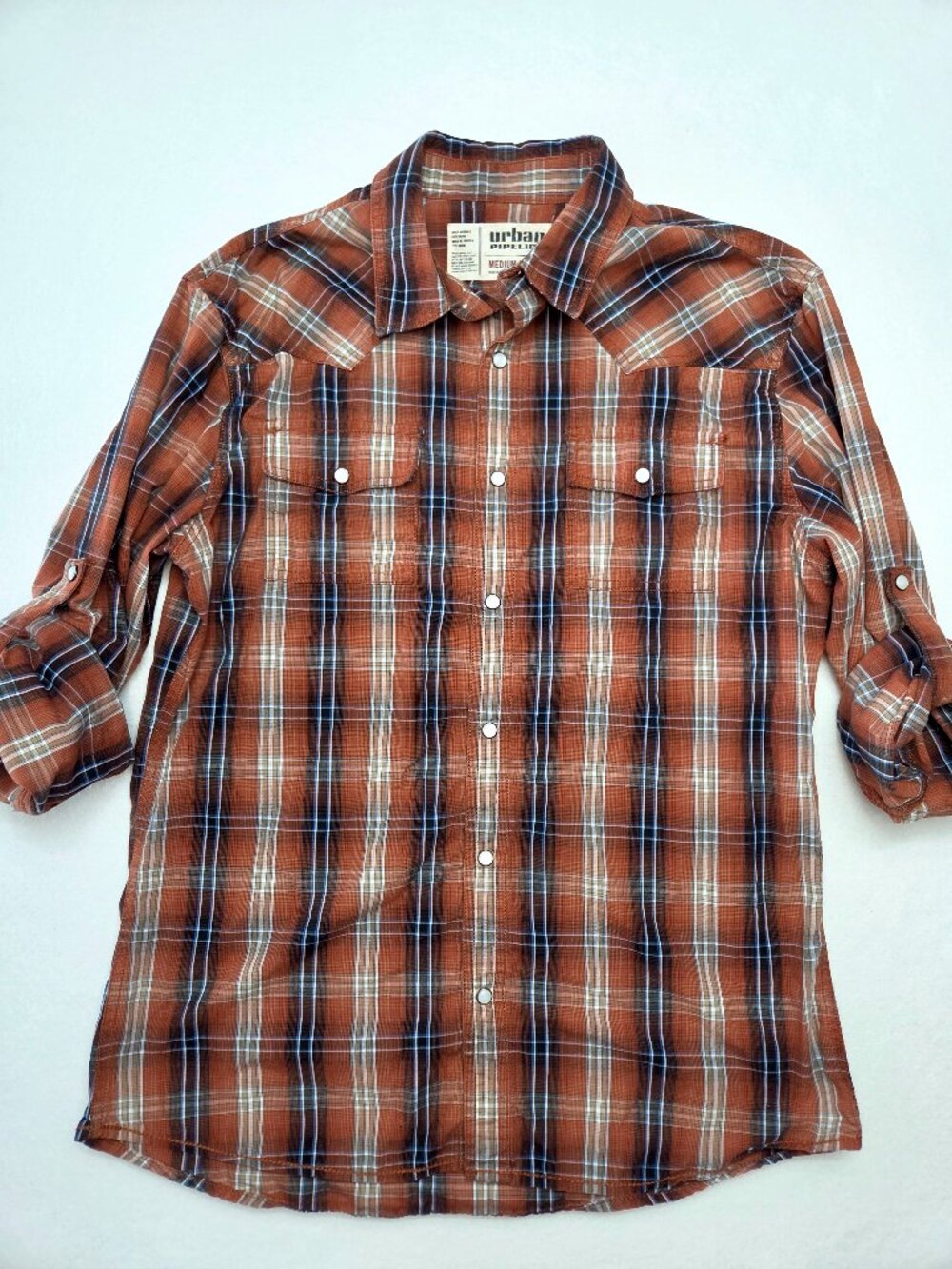 Urban Pipeline Western Plaid Rust Brown Pearl Snap Shirt Men's Size Medium